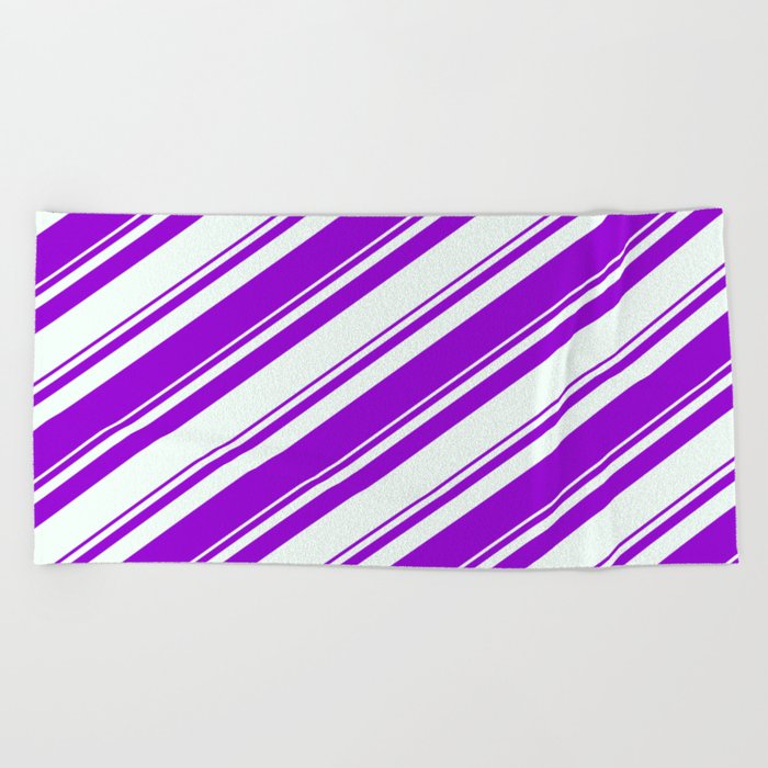Dark Violet and Mint Cream Colored Pattern of Stripes Beach Towel