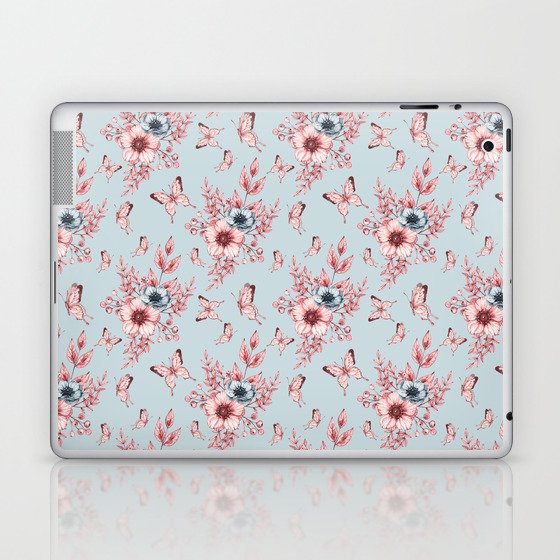 Monochrome anemone flowers and butterflies on a blue background - floral print Laptop & iPad Skin