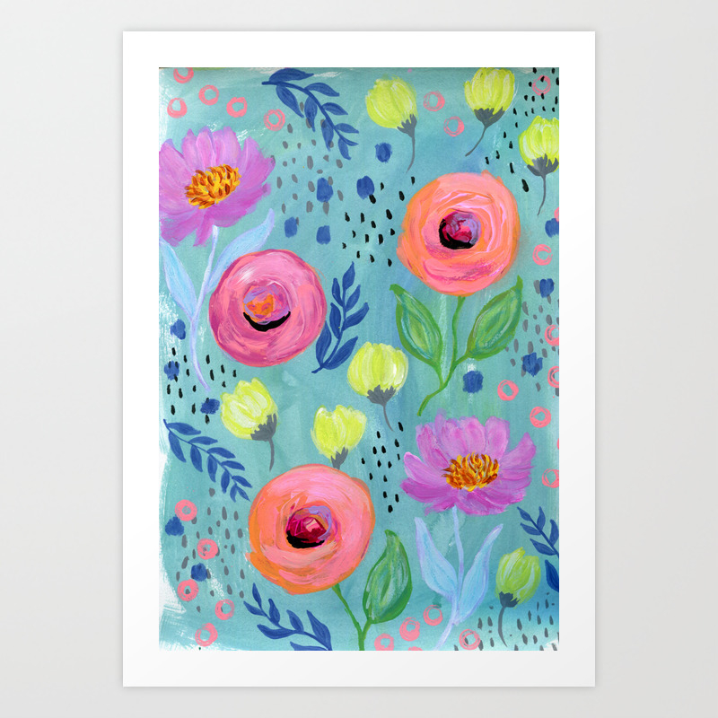 Floral Pattern Painting Coral Flowers Yellow Flowers Peach