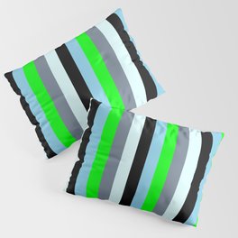[ Thumbnail: Eye-catching Slate Gray, Lime, Sky Blue, Black & Light Cyan Colored Striped Pattern Pillow Sham ]