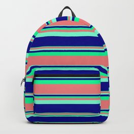 [ Thumbnail: Aquamarine, Dark Blue, Green & Light Coral Colored Stripes Pattern Backpack ]