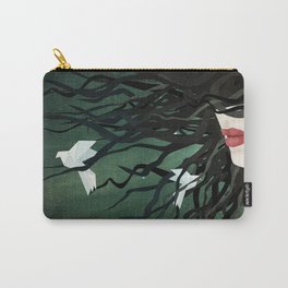 Birds in my hair Carry-All Pouch | Surreal, Illustration, Wind, Portrait, Fairytale, Paperbirds, Wild, Youngwoman, Blackhair, Digital 