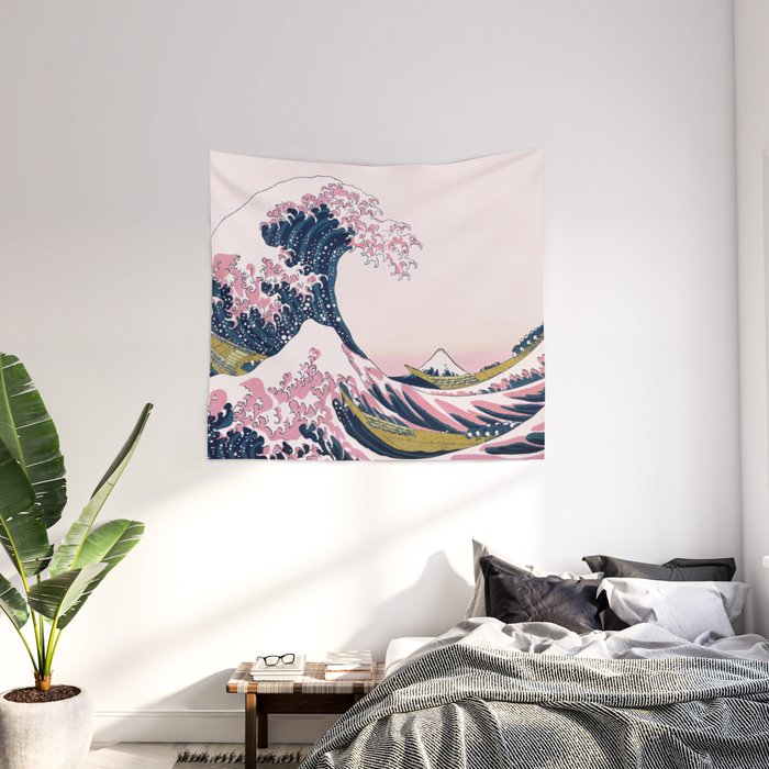 The Great Pink Wave off Kanagawa Wall Tapestry