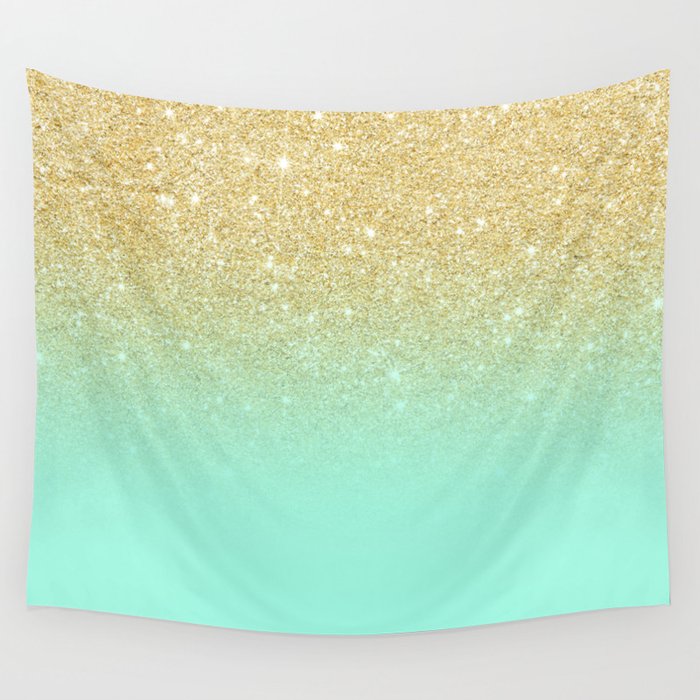 Modern Gold Ombre Mint Green Block Wall Tapestry By