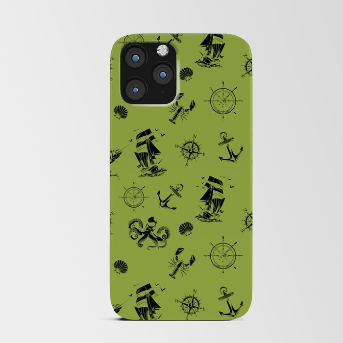 Light Green And Black Silhouettes Of Vintage Nautical Pattern iPhone Card Case