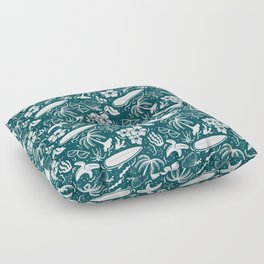 Teal Blue and White Surfing Summer Beach Objects Seamless Pattern Floor Pillow