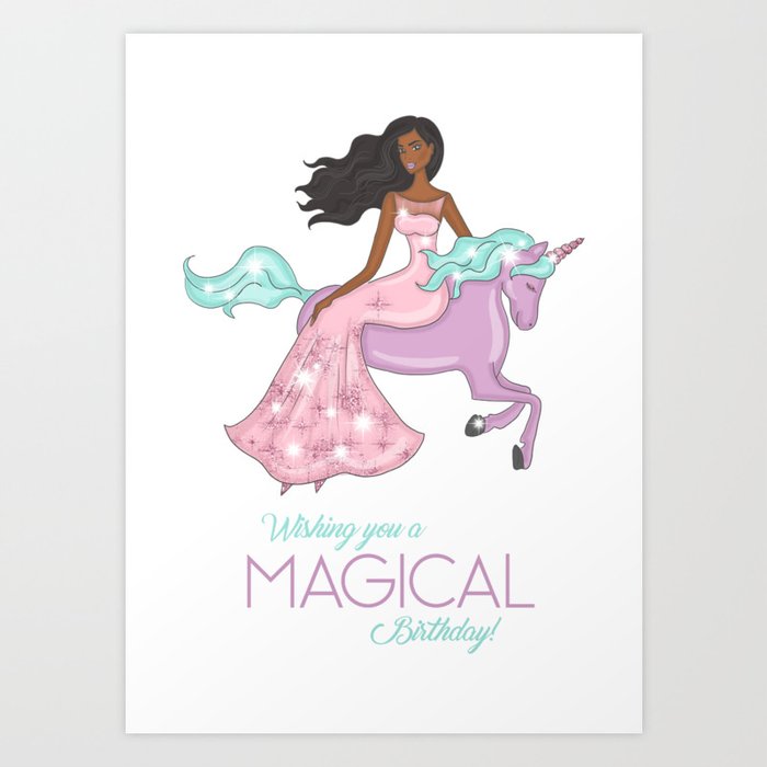 African American Girl On A Unicorn Birthday Card Art Print By