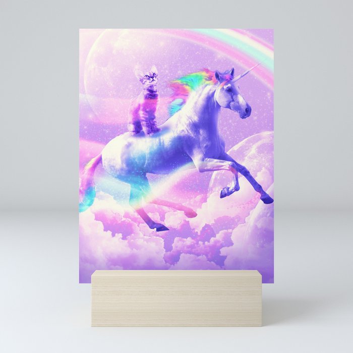 Kitty Cat Riding On Flying Unicorn With Rainbow Mini Art Print