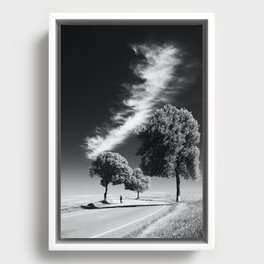 The road less travels; streaks of clouds and trees with lone figure on lonely Tuscan road travel black and white zen photograph - photography - photographs Framed Canvas