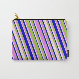 [ Thumbnail: Blue, Green, Violet & Beige Colored Lines Pattern Carry-All Pouch ]