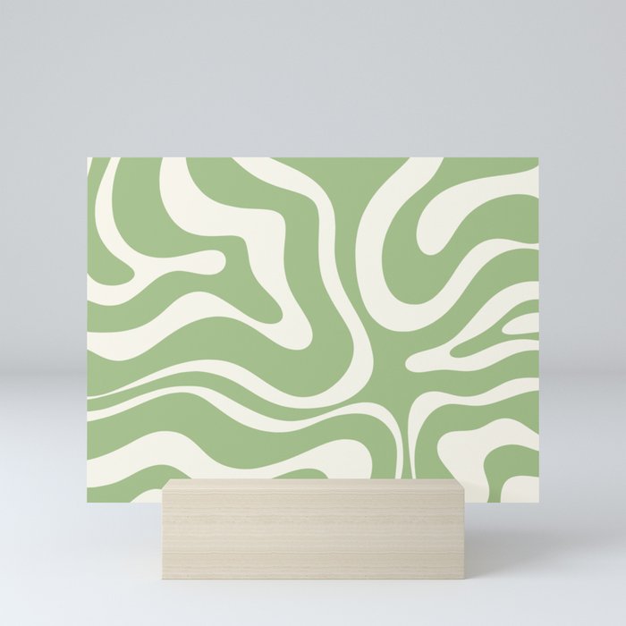 Modern Liquid Swirl Abstract Pattern in Light Sage Green and Cream Mini Art Print