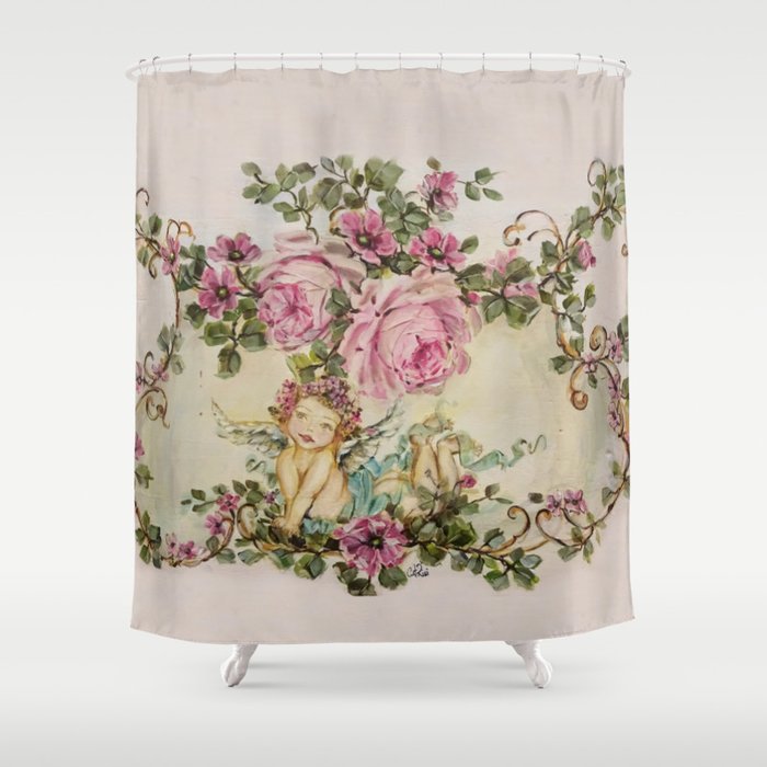 Sweet Cherub and Pink Roses Painting Shower Curtain