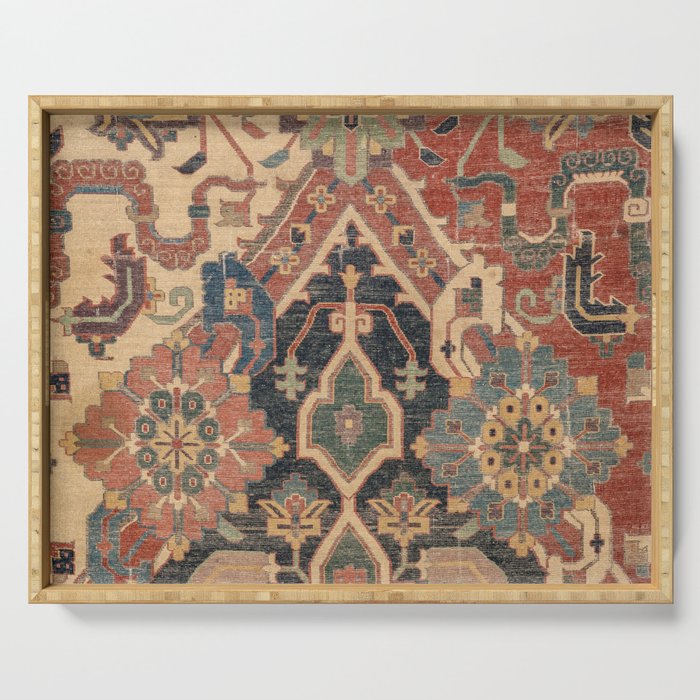 Geometric Leaves I // 18th Century Distressed Red Blue Green Colorful Ornate Accent Rug Pattern Serving Tray