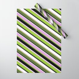 [ Thumbnail: Vibrant Plum, Green, Dark Olive Green, Black & White Colored Lined/Striped Pattern Wrapping Paper ]