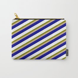 [ Thumbnail: Green, Tan, Dark Blue, and White Colored Stripes/Lines Pattern Carry-All Pouch ]