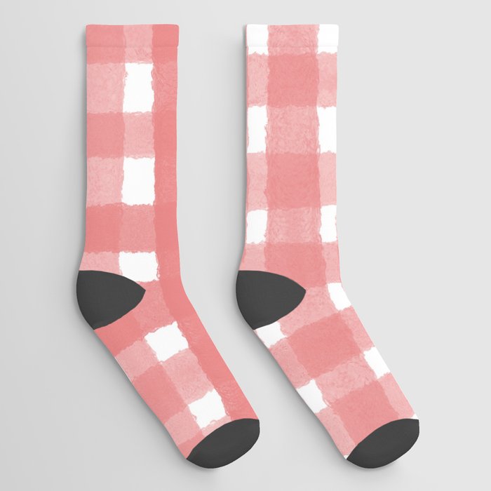 Pink Watercolour Farmhouse Style Gingham Check Socks