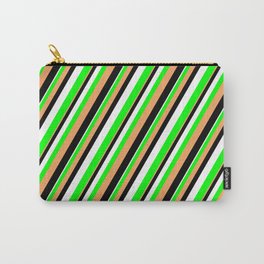 [ Thumbnail: Brown, Black, White & Lime Colored Lined/Striped Pattern Carry-All Pouch ]