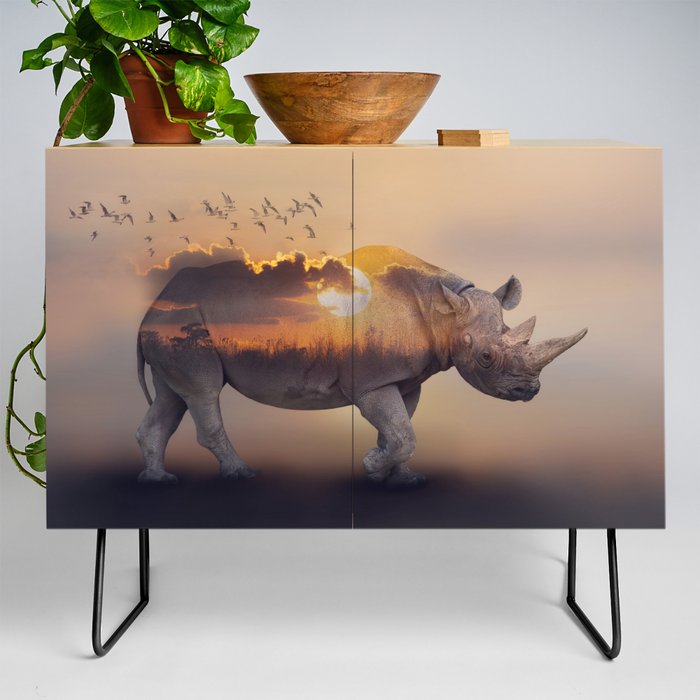 Double Exposure Effect of Rhinoceros at Sunset Credenza