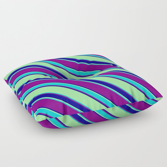 Green, Dark Turquoise, Purple, and Dark Blue Colored Striped Pattern Floor Pillow