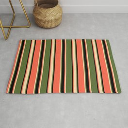 [ Thumbnail: Dark Olive Green, Tan, Red, and Black Colored Striped Pattern Rug ]