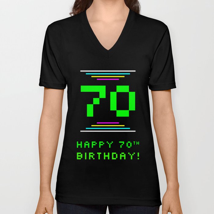 70th Birthday - Nerdy Geeky Pixelated 8-Bit Computing Graphics Inspired Look V Neck T Shirt