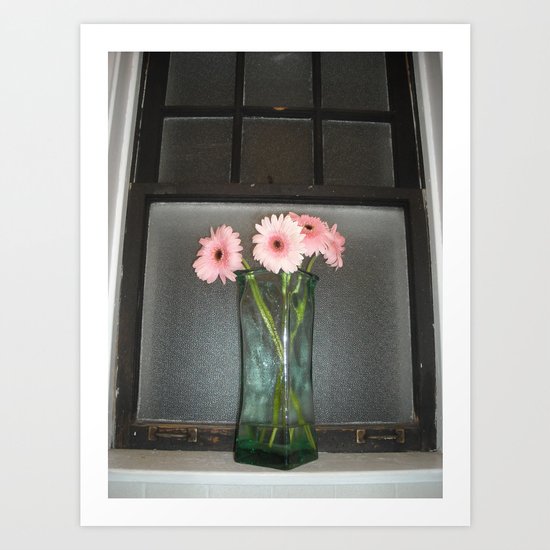 pink daisies ~ flowers on vintage sill Art Print