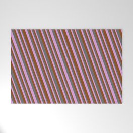 [ Thumbnail: Dim Gray, Plum & Brown Colored Stripes Pattern Welcome Mat ]