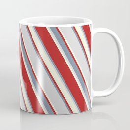 [ Thumbnail: Red, Light Slate Gray, Light Grey & Beige Colored Pattern of Stripes Coffee Mug ]