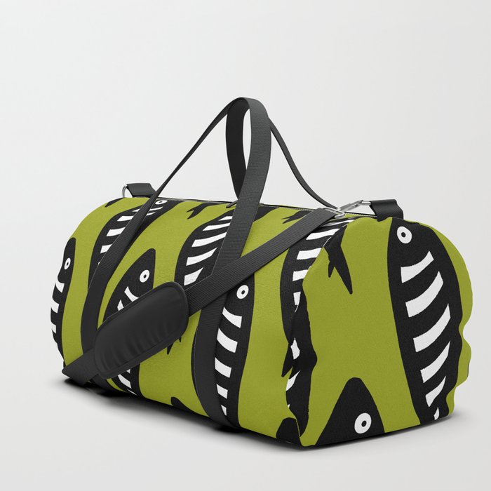Abstract black and white fish pattern Lime green Duffle Bag