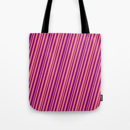 [ Thumbnail: Salmon and Purple Colored Stripes Pattern Tote Bag ]