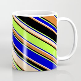 [ Thumbnail: Colorful Light Green, Blue, Tan, Chocolate & Black Colored Lines/Stripes Pattern Coffee Mug ]