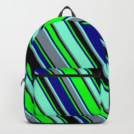 [ Thumbnail: Colorful Black, Lime, Dark Blue, Aquamarine, and Light Slate Gray Colored Lined Pattern Backpack ]