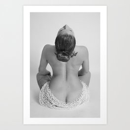 Seated female nude with tribal tattoos and shawl black and white photographic art print Art Print