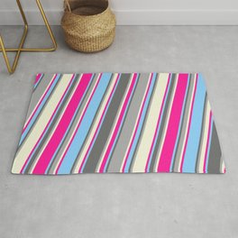 [ Thumbnail: Colorful Light Sky Blue, Dim Grey, Dark Grey, Beige, and Deep Pink Colored Pattern of Stripes Rug ]