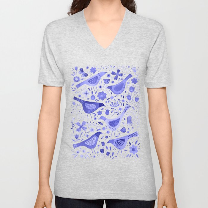 Birds in a Blue Wildflower Garden V Neck T Shirt