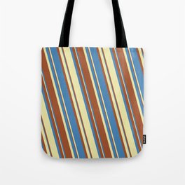 [ Thumbnail: Blue, Pale Goldenrod, and Sienna Colored Stripes/Lines Pattern Tote Bag ]