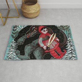 Little riding hood and the big bad wolf, in the deep winter forest. Rug