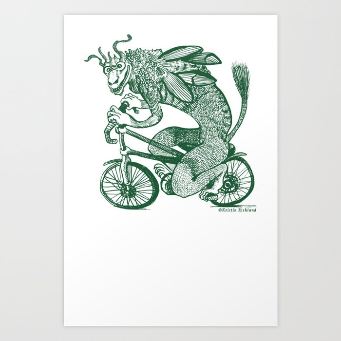 Tengu on a Bike - green Art Print