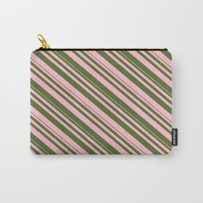 Pink and Dark Olive Green Colored Lines/Stripes Pattern Carry-All Pouch