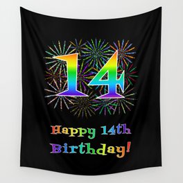 [ Thumbnail: 14th Birthday - Fun Rainbow Spectrum Gradient Pattern Text, Bursting Fireworks Inspired Background Wall Tapestry ]