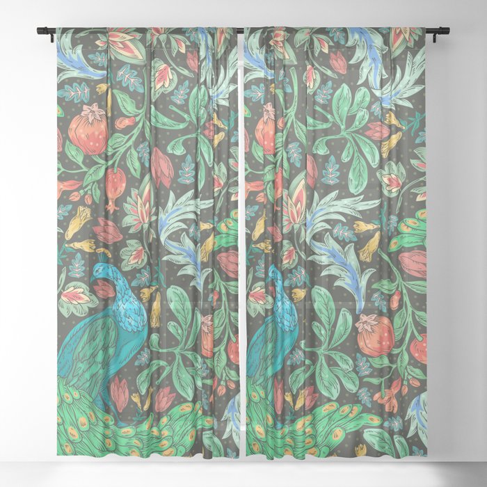 Asian Inspired Floral Pattern With Majestic Peacocks Sheer Curtain