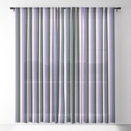 [ Thumbnail: Purple, Dark Slate Gray, Black & Beige Colored Lined/Striped Pattern Sheer Curtain ]