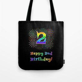 [ Thumbnail: 2nd Birthday - Fun Rainbow Spectrum Gradient Pattern Text, Bursting Fireworks Inspired Background Tote Bag ]