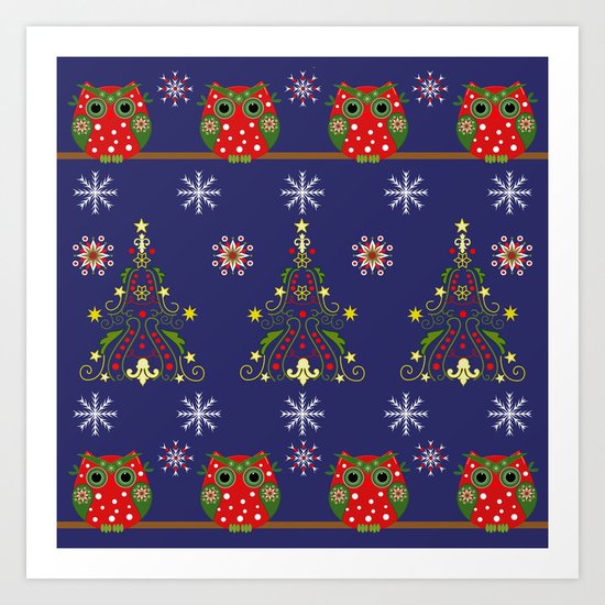 Pattern design with Christmas owls, trees and snowflakes Art Print