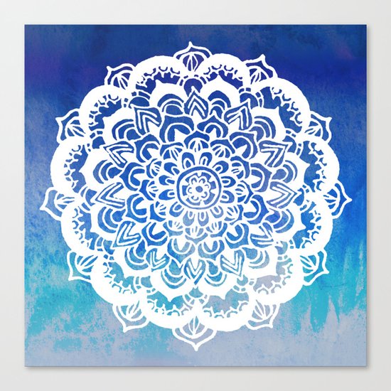White Floral Medallion on Indigo & Turquoise Watercolor Canvas Print