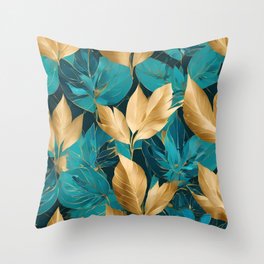 Popular Turquoise Gold Boho Leaves Collection Throw Pillow