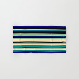 [ Thumbnail: Vibrant Dark Sea Green, Beige, Dark Cyan, Blue & Black Colored Striped/Lined Pattern Hand & Bath Towel ]