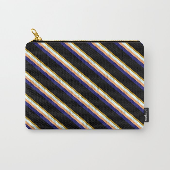 Vibrant Dark Goldenrod, Light Cyan, Brown, Midnight Blue & Black Colored Stripes/Lines Pattern Carry-All Pouch