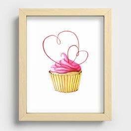 Watercolor cupcake with pink hearts Recessed Framed Print