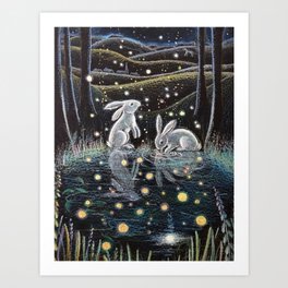 Sweet Rabbits In Moonlight Art Print